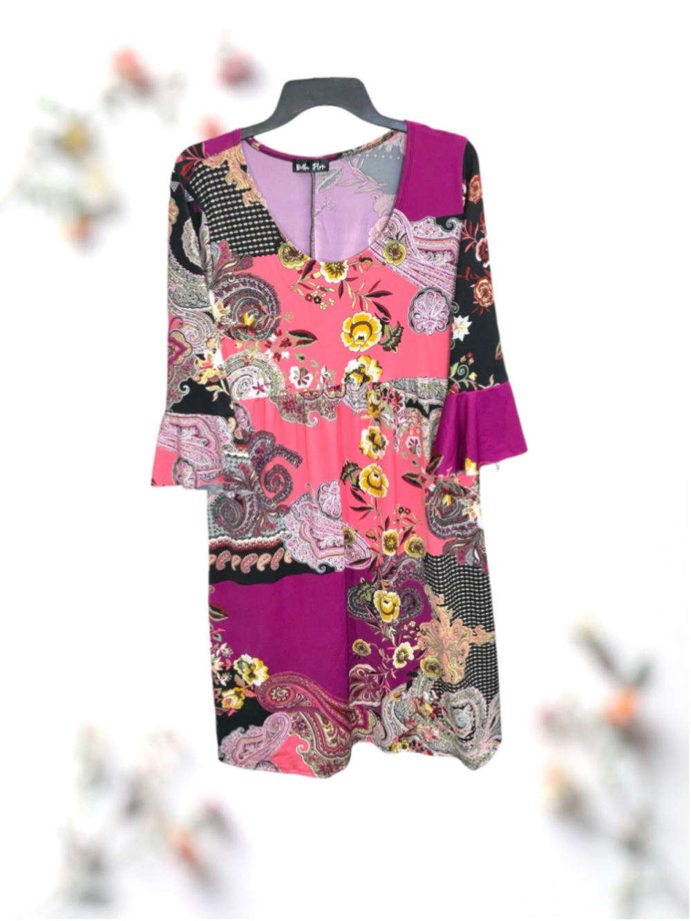 Bella Flore Multicolor Paisley Floral Patchwork Dress 3/4 Bell Sleeves Women XL